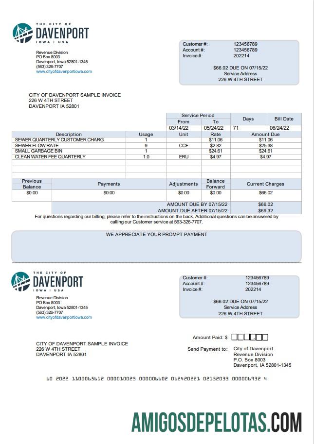 imprimível Modelo de conta de serviços públicos da cidade de Davenport, nos EUA, em formato Word e PDF